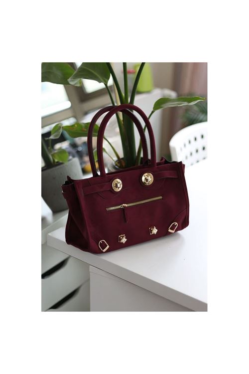 Kadın Bordo Süet Gold Aksesuar Fermuar Detaylı Omuz Çantası