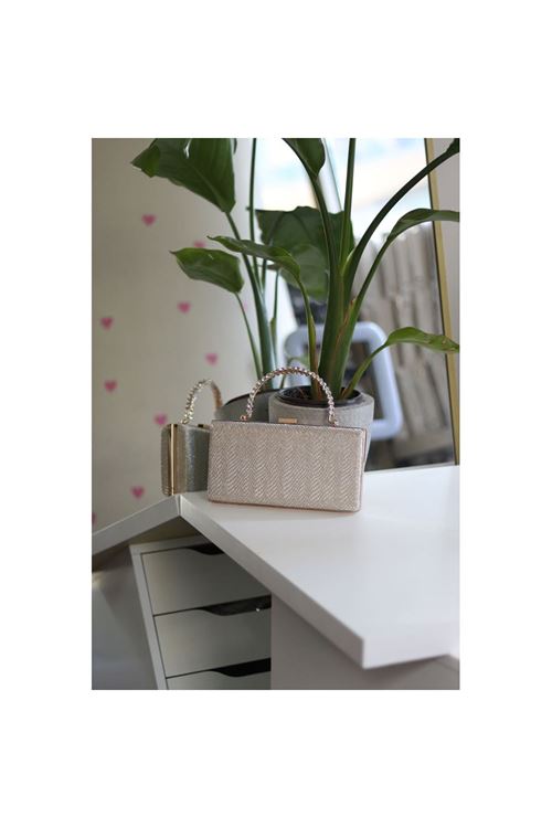 Kadın Gold Desenli Taş Kulplu Burslu Abiye El Çantası