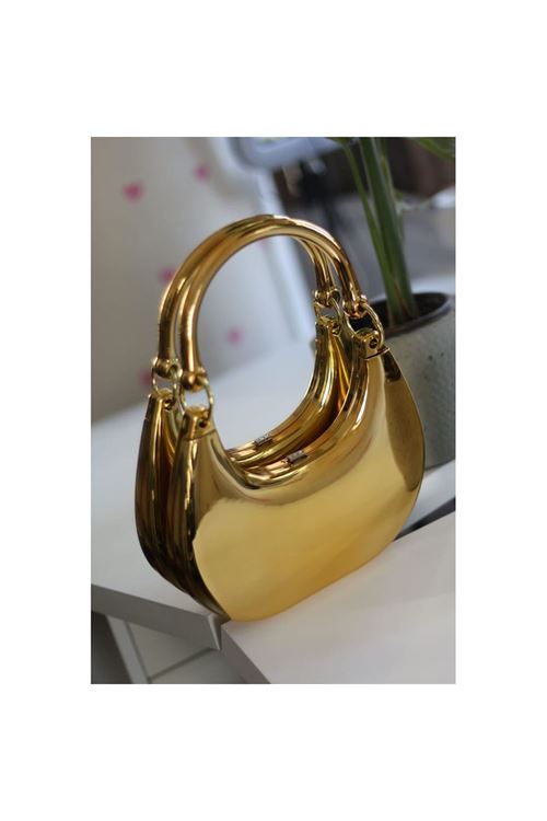 Kadın Gold Metalik Mika Kulp Detaylı Slim Gece Çantası