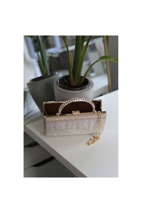 Kadın Gold Desenli Taş Kulplu Burslu Abiye El Çantası