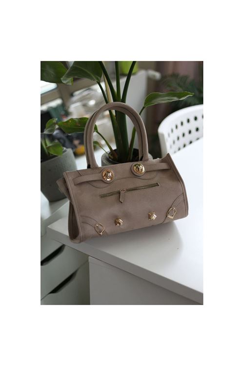 Kadın Vizon Süet Gold Aksesuar Fermuar Detaylı Omuz Çantası