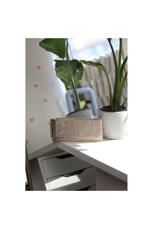 Kadın Gold Taş Dokuma Kapak Detaylı  Slim El Çantası