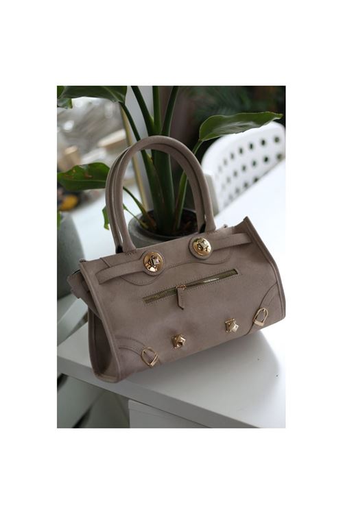 Kadın Vizon Süet Gold Aksesuar Fermuar Detaylı Omuz Çantası