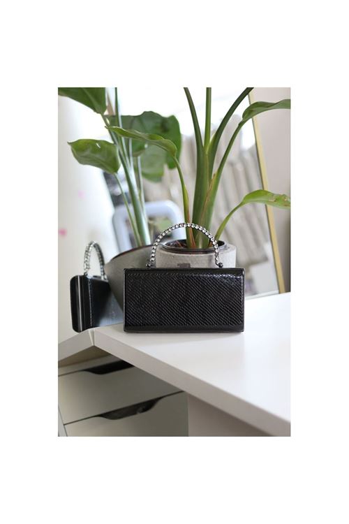 Kadın Siyah Desenli Taş Kulplu Burslu Abiye El Çantası