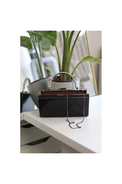 Kadın Siyah Desenli Taş Kulplu Burslu Abiye El Çantası