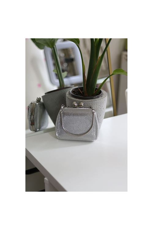 Kadın Silver Desenli Metal Tutma Kulplu Kalp Klips Abiye El Çantası