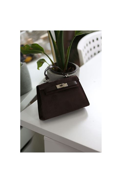 Kadın Acı Kahve Süet Özel Kilit Mekanizmalı El Omuz Çantası