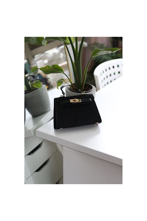 Kadın Siyah Süet Özel Kilit Mekanizmalı El Omuz Çantası