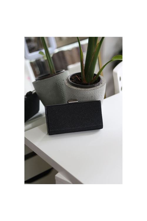 Kadın Siyah Simli Kumaş Dikdörtgen Kasa Abiye El Çantası