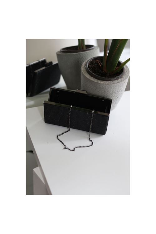 Kadın Siyah Simli Kumaş Dikdörtgen Kasa Abiye El Çantası