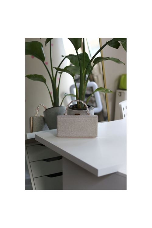 Kadın Gold Simli Taş Kulplu Burslu Abiye El Çantası