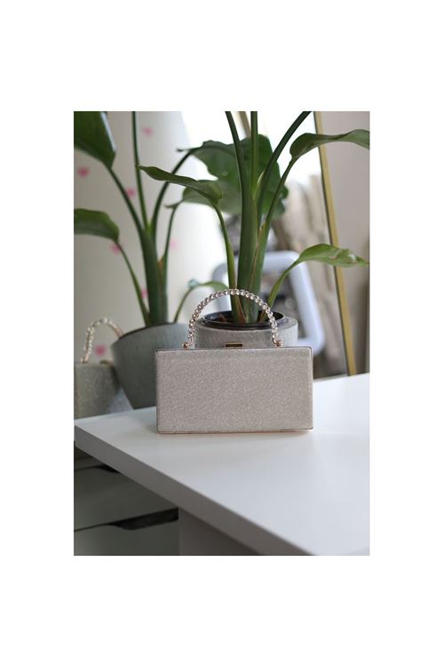 Kadın Gold Simli Taş Kulplu Burslu Abiye El Çantası