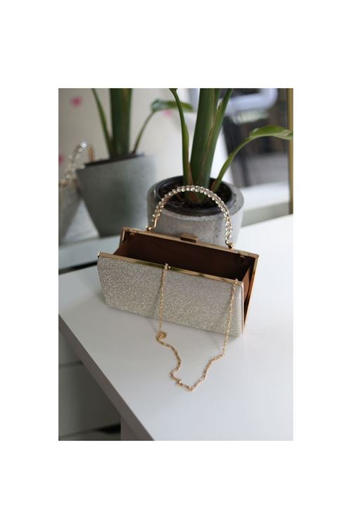 Kadın Gold Simli Taş Kulplu Burslu Abiye El Çantası