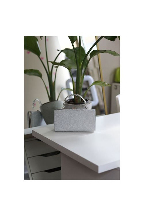 Kadın Silver Simli Taş Kulplu Burslu Abiye El Çantası