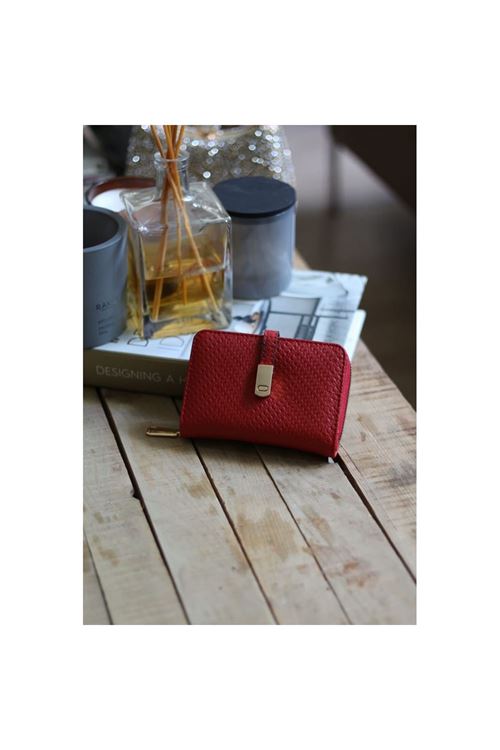 Kadın Kırmızı Dokulu Kartlık Detaylı Küçük Boy Cüzdan