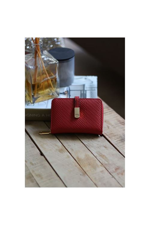 Kadın Kırmızı Dokulu Kartlık Detaylı Küçük Boy Cüzdan