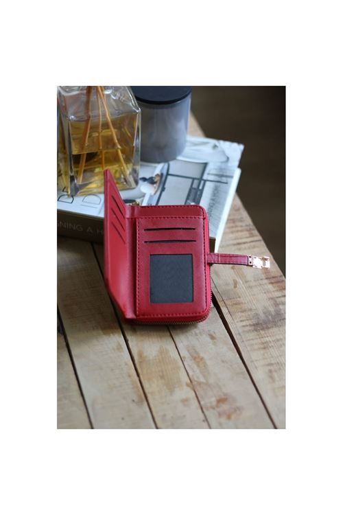 Kadın Kırmızı Dokulu Kartlık Detaylı Küçük Boy Cüzdan