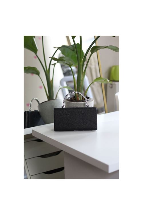 Kadın Siyah Simli Taş Kulplu Burslu Abiye El Çantası