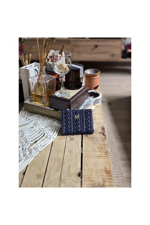 Lacivert Dokuma Desen Kare Kartlık Detaylı Cüzdan