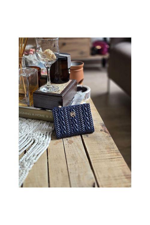 Lacivert Dokuma Desen Kare Kartlık Detaylı Cüzdan