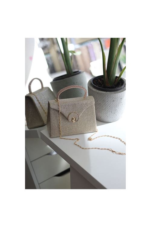 Gold Simli Oval Gold Aksesuarlı Taşlı Tutma Kulplu Abiye El Çantası