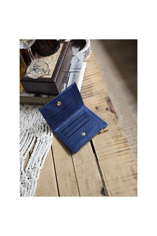 Lacivert Dokuma Desen Kare Kartlık Detaylı Cüzdan