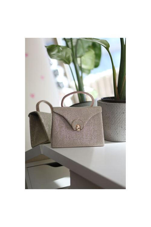 Gold Simli Oval Gold Aksesuarlı Taşlı Tutma Kulplu Abiye El Çantası