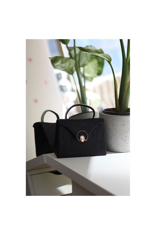 Siyah Simli Oval Gold Aksesuarlı Taşlı Tutma Kulplu Abiye El Çantası