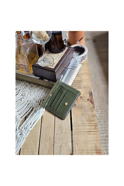 Haki Yeşil Dokuma Desen Kare Kartlık Detaylı Cüzdan