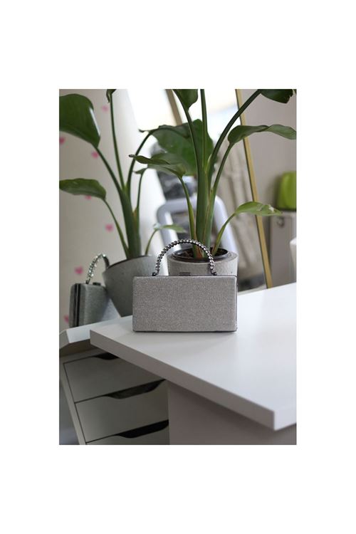 Kadın Platin Simli Taş Kulplu Burslu Abiye El Çantası