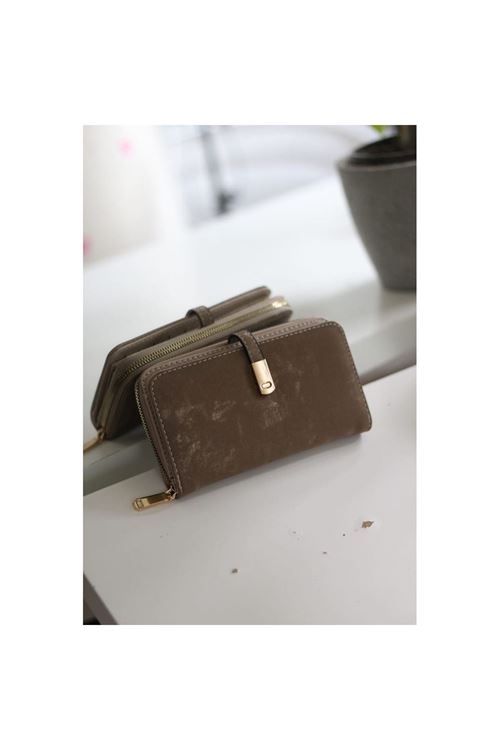Kadın Vizon Eskitme Doku Gold Aksesuar Detaylı Cüzdan