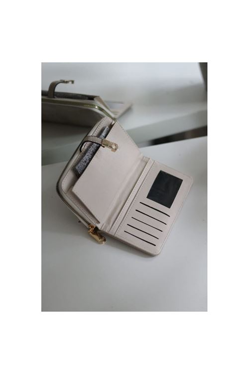 Kadın Krem Eskitme Doku Gold Aksesuar Detaylı Cüzdan