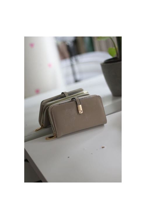 Kadın Krem Eskitme Doku Gold Aksesuar Detaylı Cüzdan