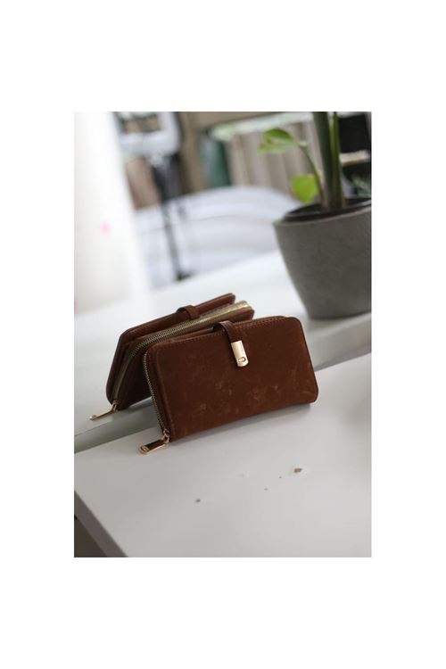 Kadın Taba Eskitme Doku Gold Aksesuar Detaylı Cüzdan