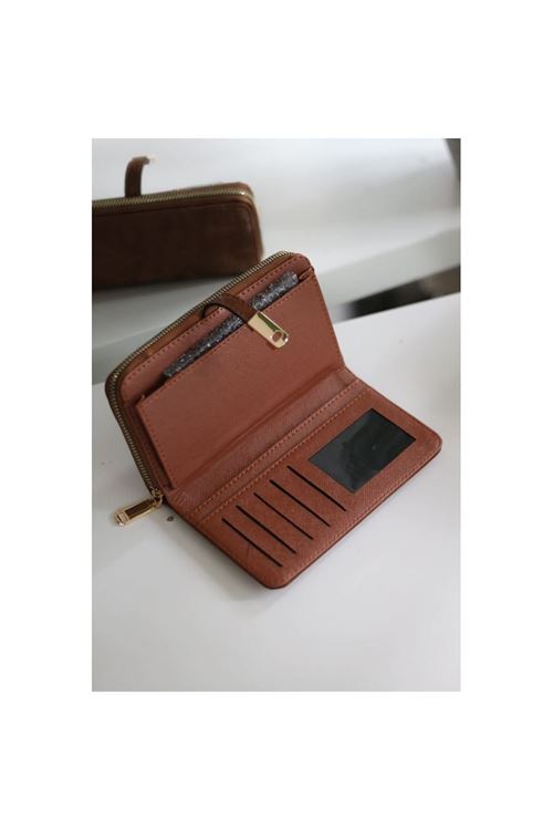 Kadın Taba Eskitme Doku Gold Aksesuar Detaylı Cüzdan